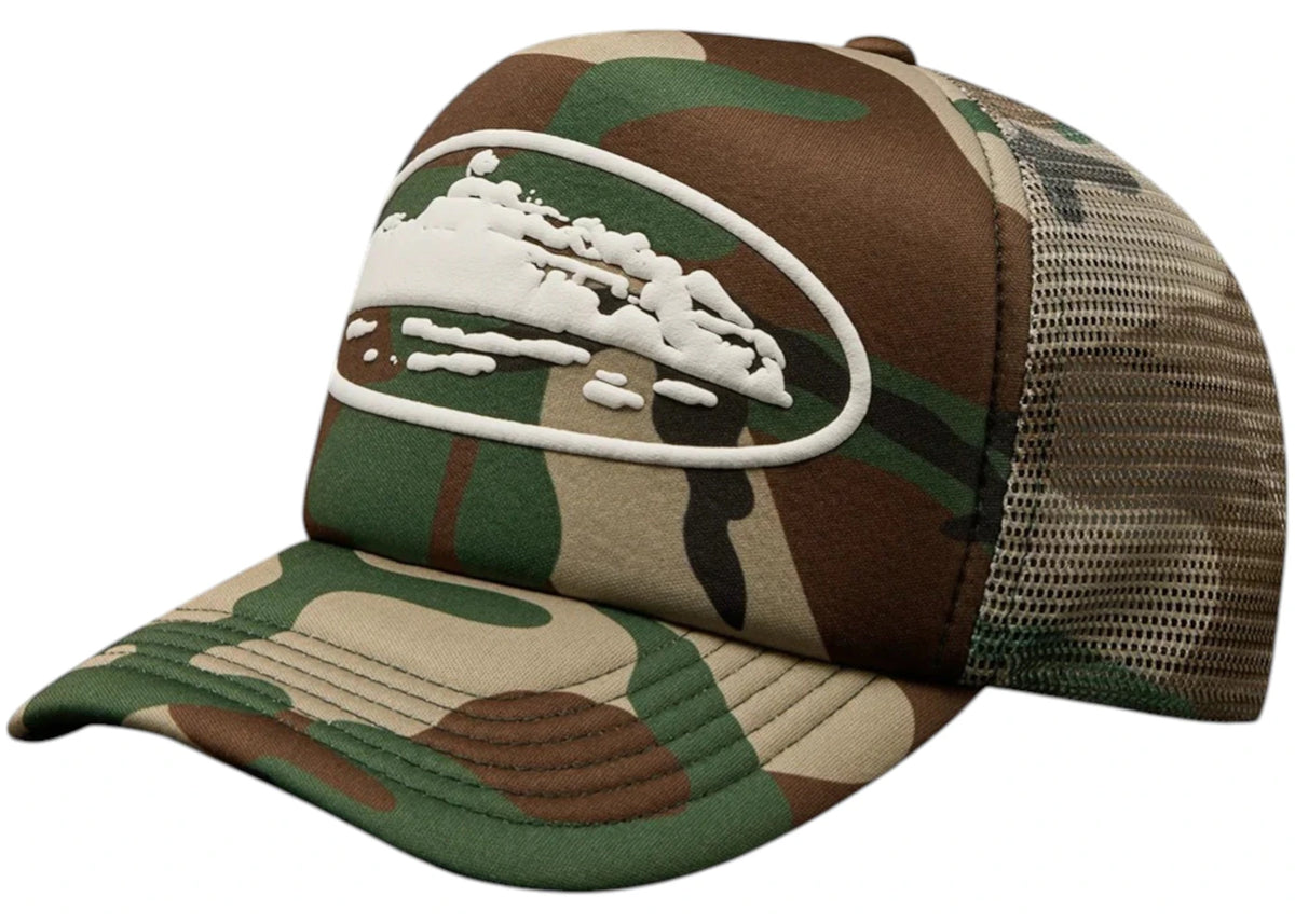 Corteiz Island Puff Print Trucker Hat Woodland Camo