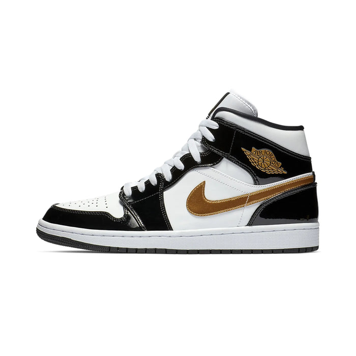 Jordan 1 Mid Patent Black White Gold