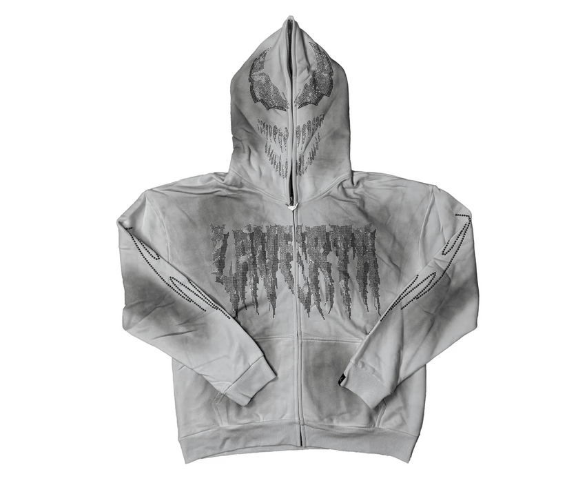 LAVERTA White Rhinestones Full Zip Hoodie - White / Black